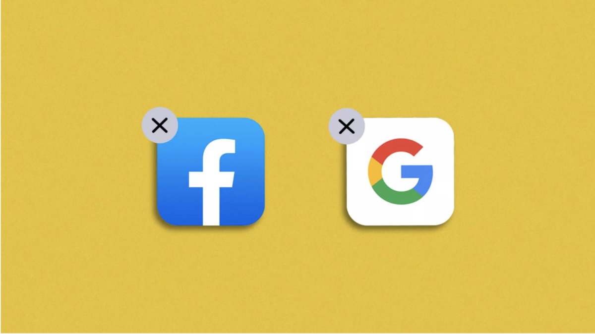 App icons for Facebook and Google with the delete button toggled on.